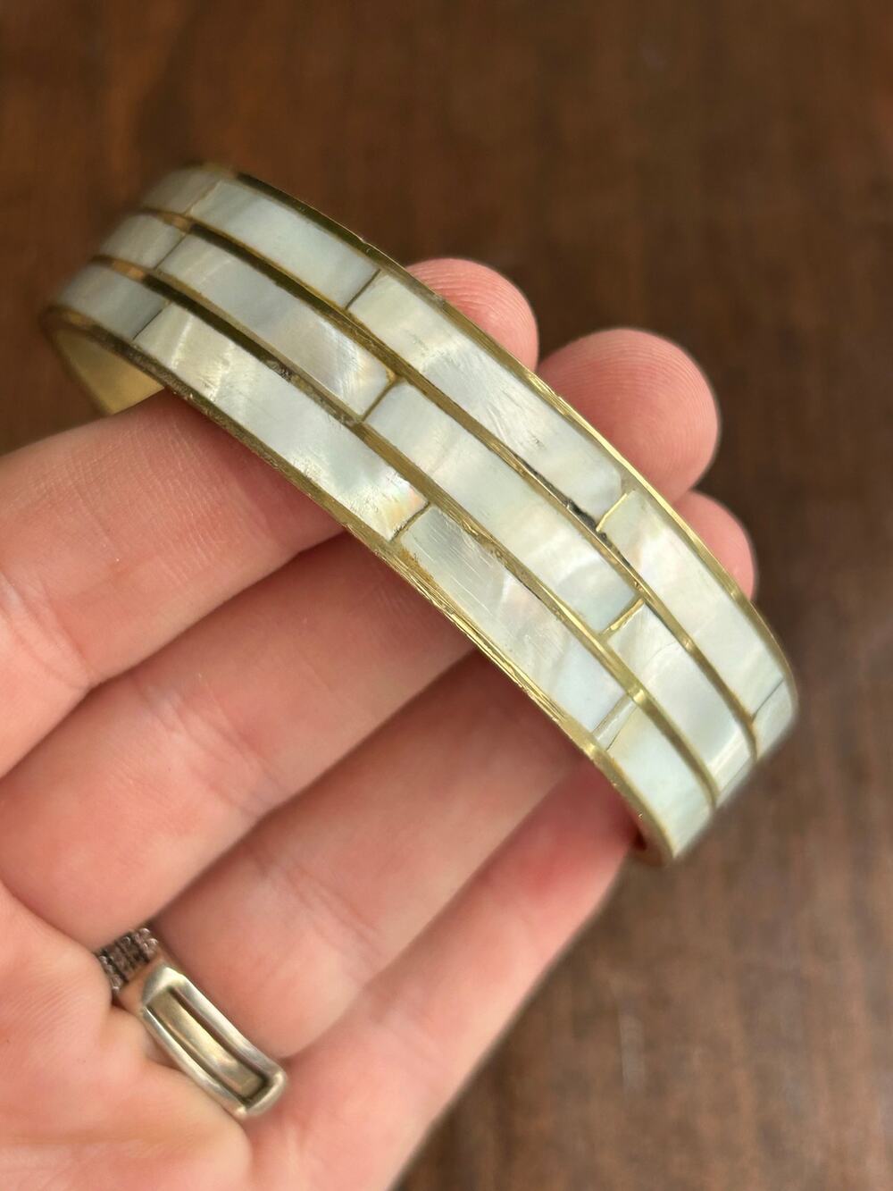 vintage brass and mother-of-pearl inlay multi-tier bangle bracelet